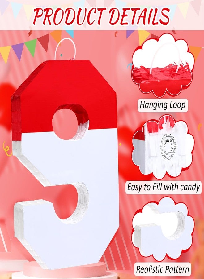 Poen بينياتا بوين رقم 9 مع عصا بيسبول وقناع للعين وورق ملون، بينياتا حمراء وبيضاء للأطفال، مناسبة لأعياد الميلاد والذكرى السنوية، مستلزمات الحفلات، 16 × 11 × 2.8 بوصة - Image 3